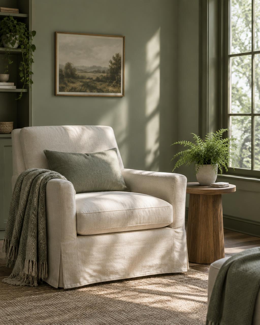 A calm, sunlit therapy room with a linen armchair and a potted fern